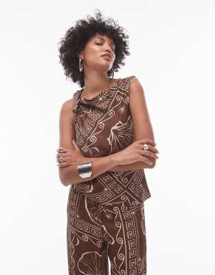 Topshop Knot Sleeveless Top In Brown Shell Print - Part Of A Set