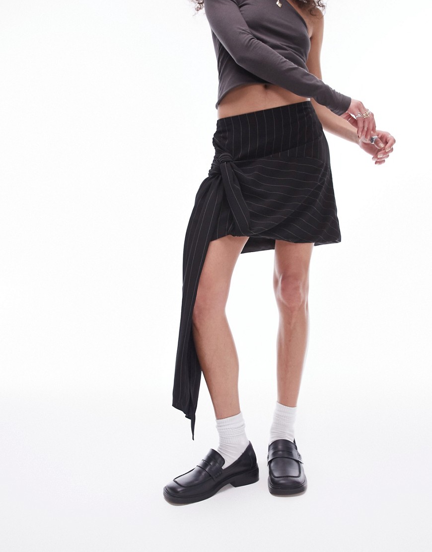 Topshop Knot Stripe Midi Skirt In Mono Pinstripe - Part Of A Set-black