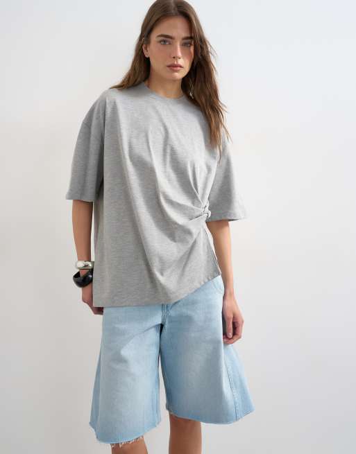 Topshop knot twist t-shirt in grey marl, 3 of 4