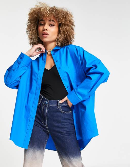 Topshop – Kobaltowa koszula popelinowa o fasonie boyfriend z długimi rękawami