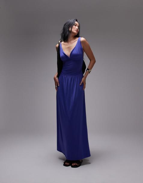 Topshop – Koboltblå maxiklänning med ryschad midja - view 1