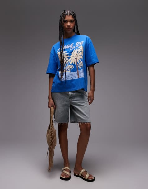 Topshop – Koboltblå t-shirt i oversize med Plage de Calvi-tryck - view 1