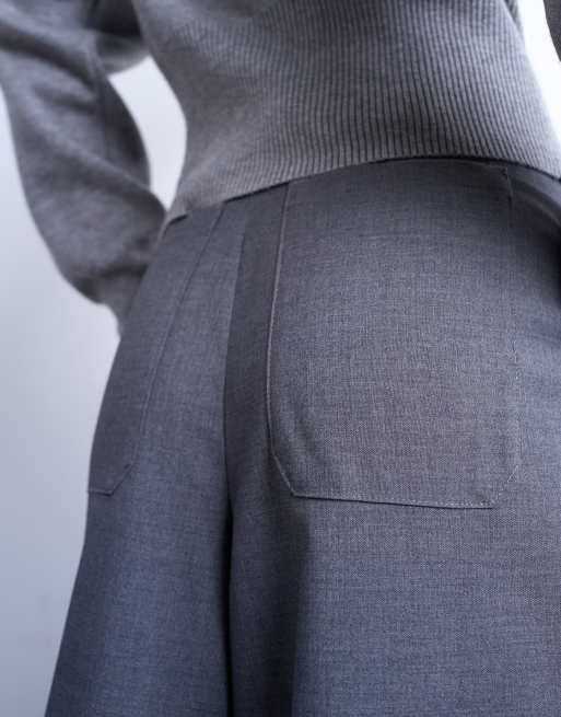 Topshop - Koksgrå højtaljede bukser med dobbelte plisseringer og brede ben, 4 af 5