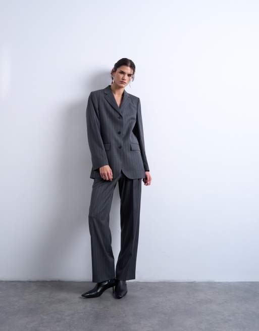 Topshop - Koksgrå mensy blazer med 3 knapper og nålestriber - Del af sæt, 2 af 4