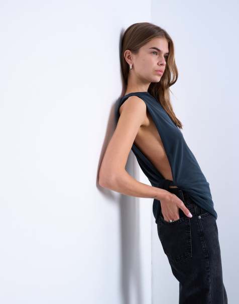 Topshop - Koksgrå ærmeløs overdel i cupro med knude i siden - view 1