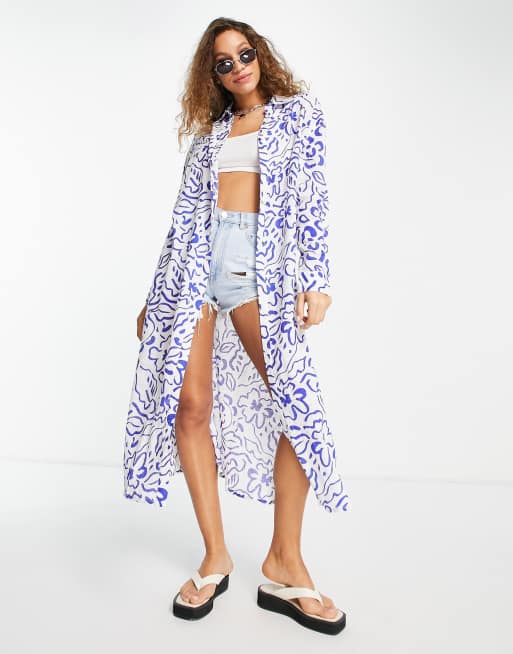 Topshop – Kolorowa koszula plażowa maxi z rysunkowym wzorem