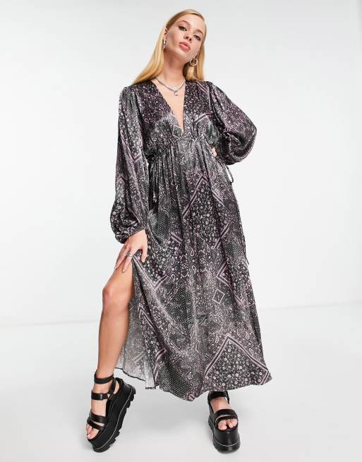 Topshop – Kolorowa satynowa sukienka midi z obszernymi rękawami we wzór pailsey