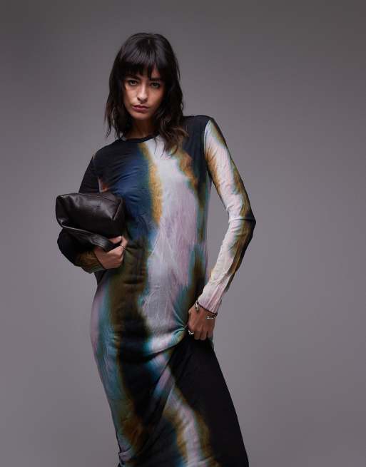 Topshop – Kolorowa sukienka midaxi z długimi rękawami i efektem ombre