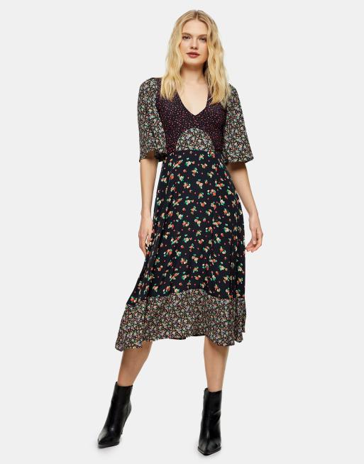 Topshop – Kolorowa sukienka midi w kwiatowy wzór