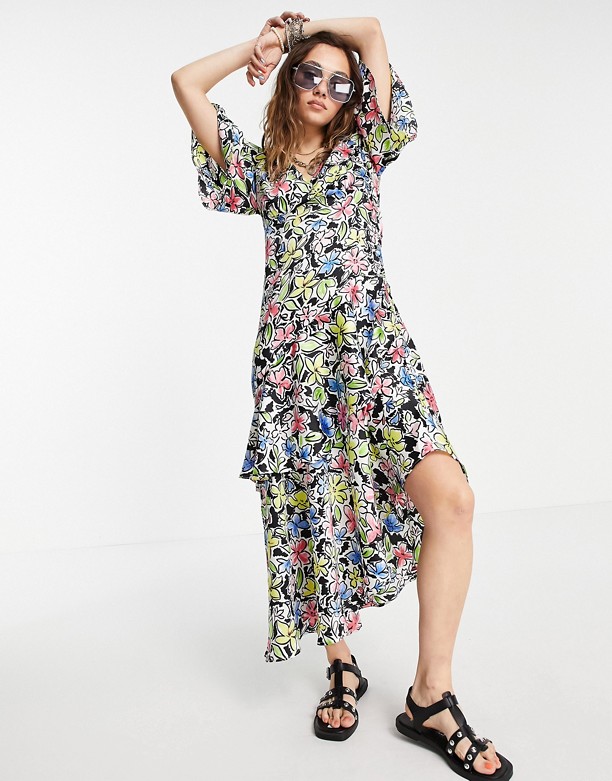  100% Autentyczny Topshop – Kolorowa sukienka midi w kwiaty z dekoltem V Wielokolorowy