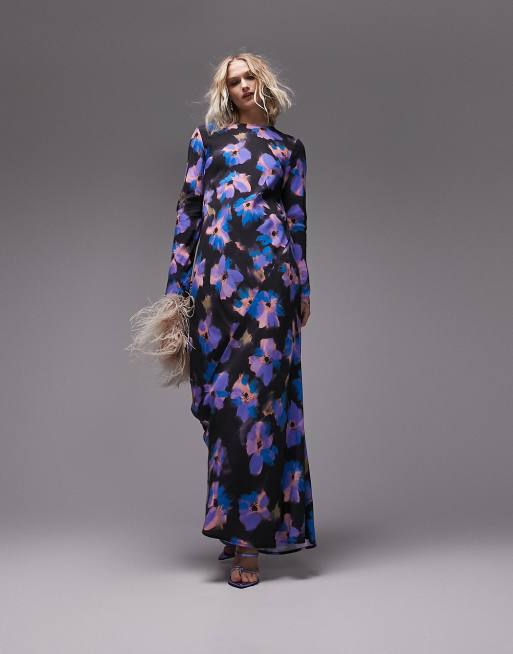 Topshop – Kolorowa sukienka midi z długimi rękawami w kwiatowy wzór