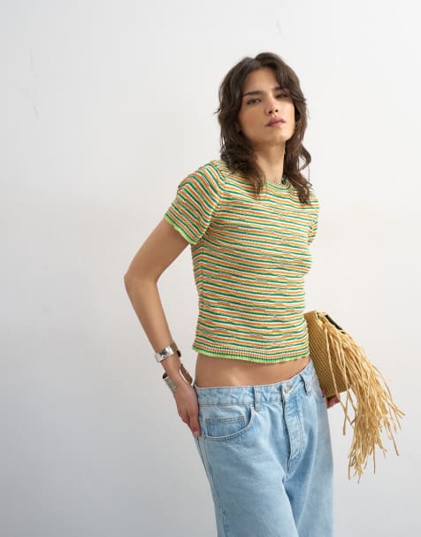 Topshop – Kolorowy dzianinowy top w paski z okrągłym dekoltem i krótkimi rękawami - view 1