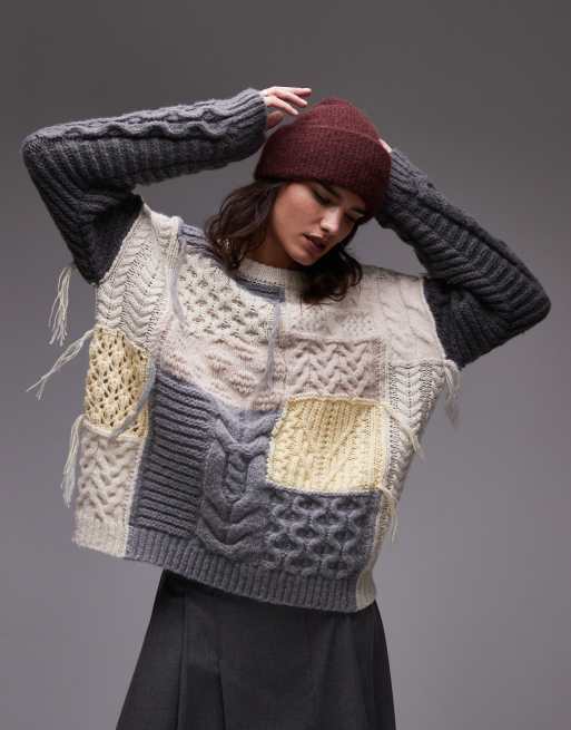 Topshop – Kolorowy patchworkowy sweter oversize z dzianiny o warkoczowym splocie