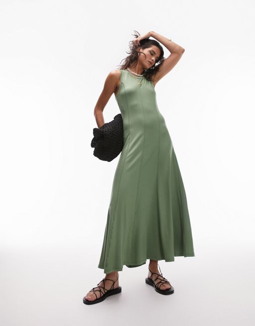 Topshop – Kolumnowa dżersejowa sukienka midi z kontrastowymi szwami w kolorze khaki 