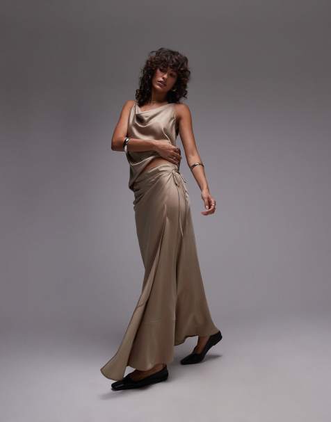 Topshop co-ord panelled seam satin wrap maxi skirt in champagne