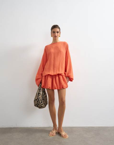 Topshop - Koralfarvet minikjole med lange blouson-ærmer - view 1