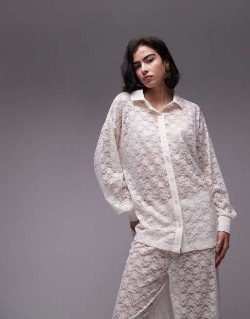 Topshop – Koronkowa koszula oversize w kolorze ecru, część zestawu
