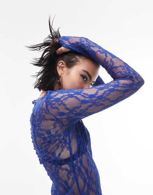 Topshop – Koronkowy top z długimi rękawami w kobaltowym kolorze