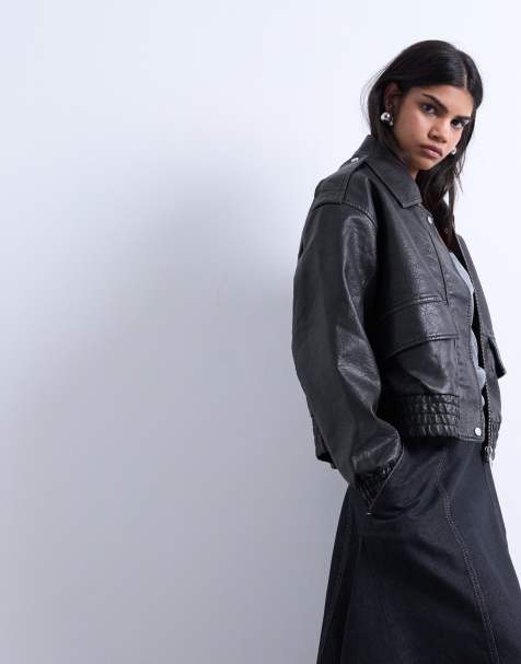 Topshop - Kort bol bomberjack van imitatieleer in zwart - view 1