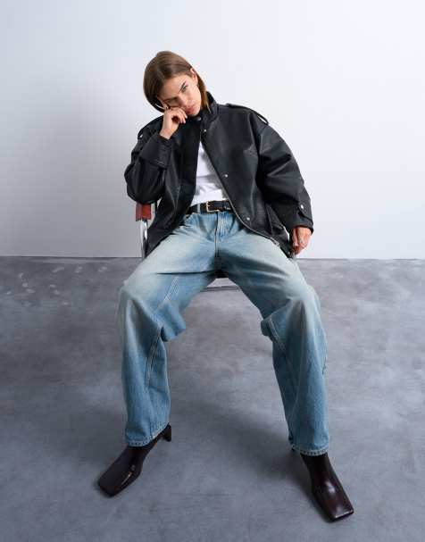 Topshop - Kort bollend bomberjack van imitatieleer met riem en opstaande boord in zwart - view 1