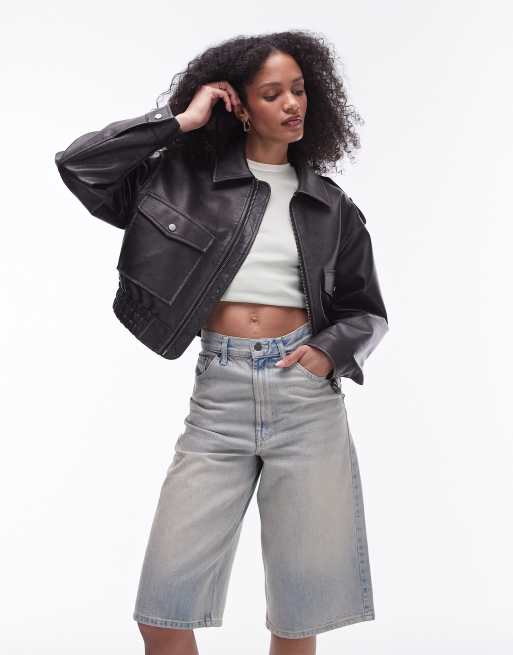 Topshop - Kort bomber-jakke i sort, imiteret læder