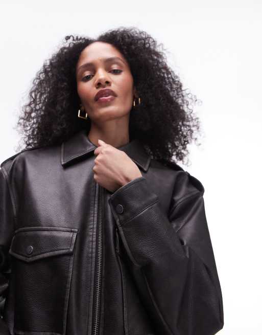 Topshop - Kort bomberjack van imitatieleer in zwart, 3 van 4