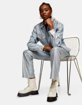 Topshop kort coated foil straight leg jeans in silver