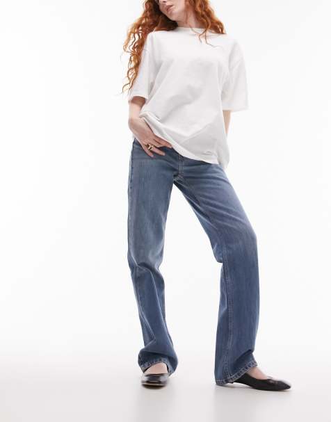 Topshop Kort high rise straight jeans in mid blue - view 1
