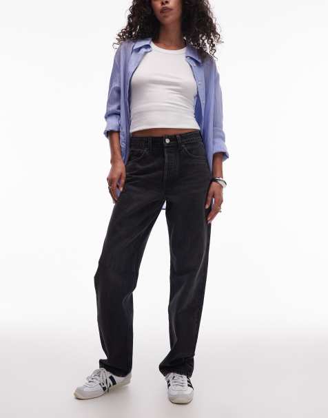 Topshop Kort high rise straight jeans in washed black - view 1