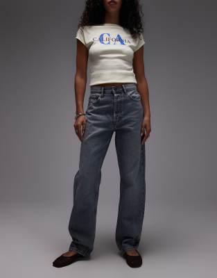 Topshop - Kort - Jean délavé à taille haute - Gris