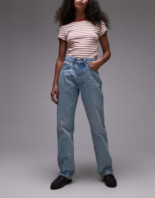 Topshop - Kort - Jean droit délavé à taille haute