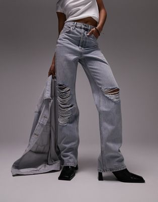TOPSHOP STRAIGHT KORT JEANS WITH EXTREME RIP IN BLEACH-BLUE