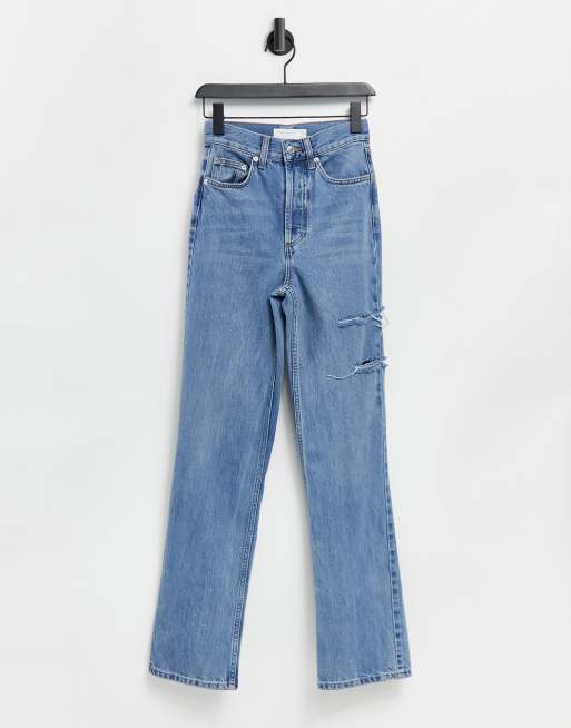 Topshop – Kort – Jeans in Bleich-Waschung mit geradem Schnitt und Längsrissen 