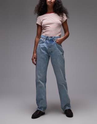 Topshop - Kort - Jeans in Bleichwaschung mit hohem Bund und geradem Schnitt-Blau