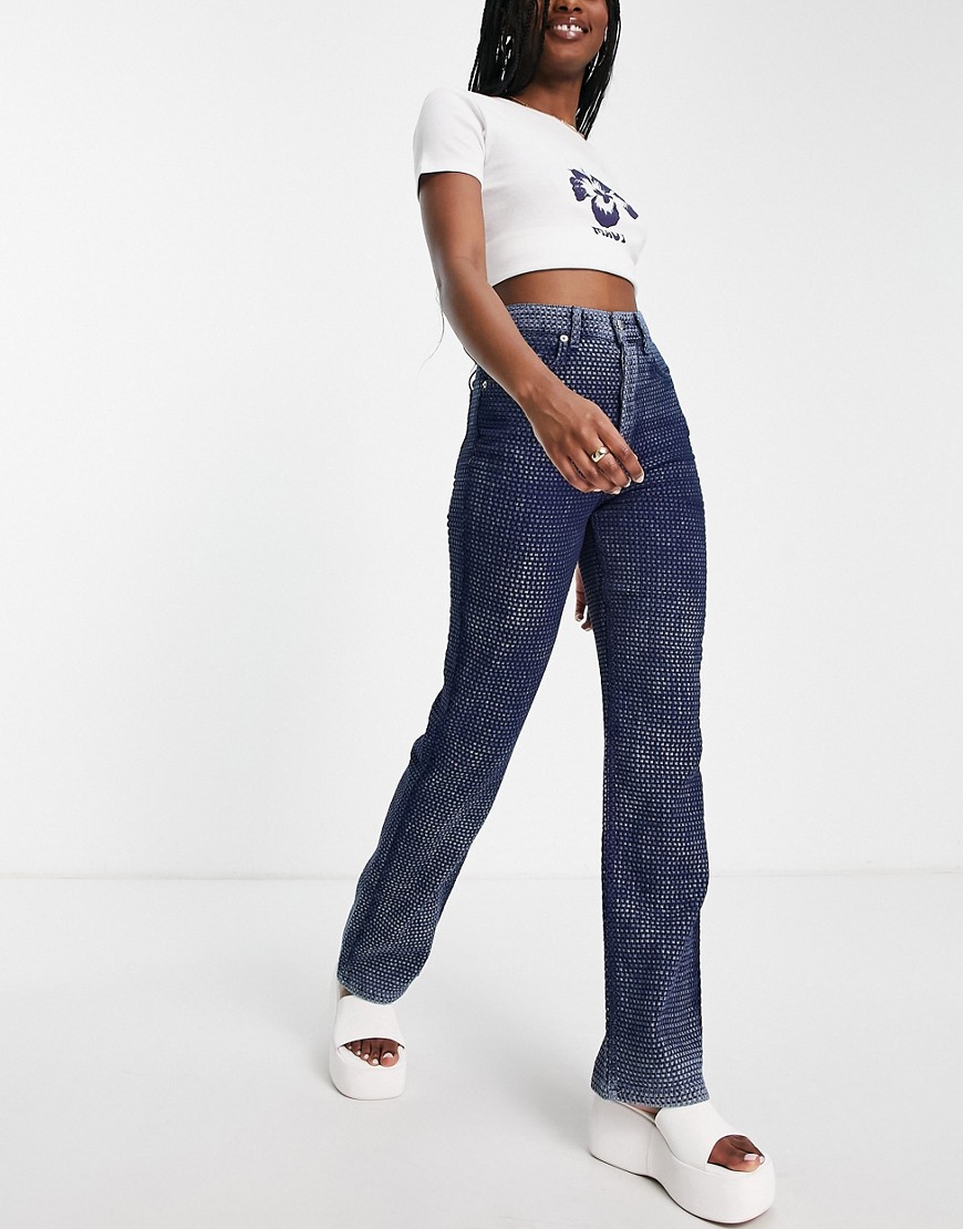 Topshop straight Kort jeans with basket weave in mid blue