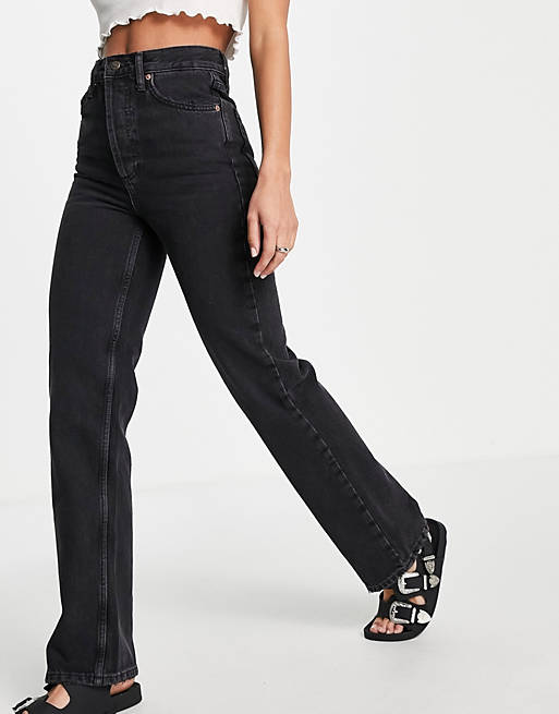 Topshop kort loose straight leg jeans in washed black | ASOS