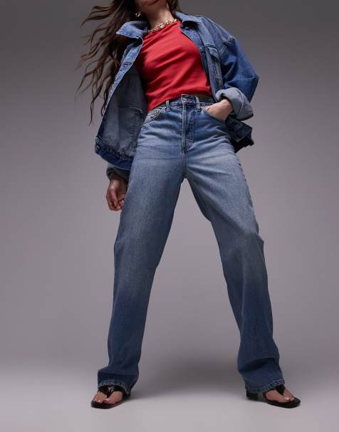 Topshop straight Kort jeans in mid blue