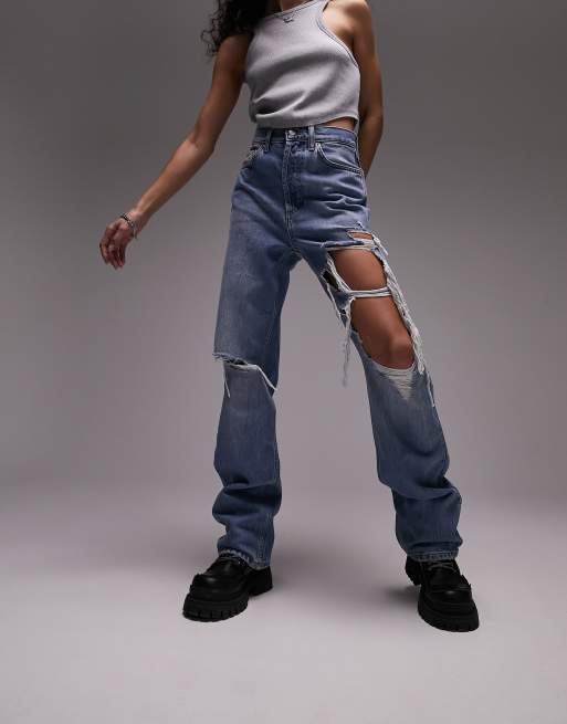 Topshop – Kort – Niebieskie jeansy z podwyższonym stanem i prostymi nogawkami z dużym rozdarciem na udzie