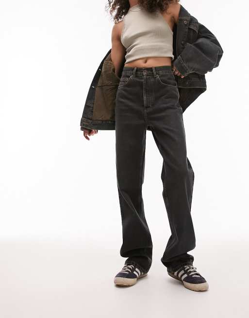 Topshop - Kort - Rechte jeans met hoge taille in donkere tint