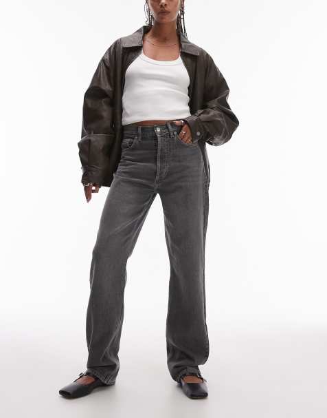 Topshop - Kort - Rechte jeans met hoge taille in grijs - view 1