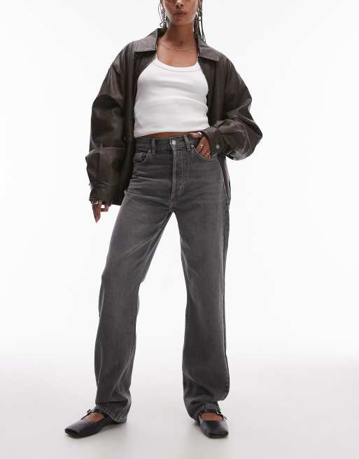 Topshop - Kort - Rechte jeans met hoge taille in grijs 