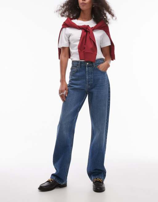 Topshop - Kort - Rechte jeans met hoge taille in middenblauw