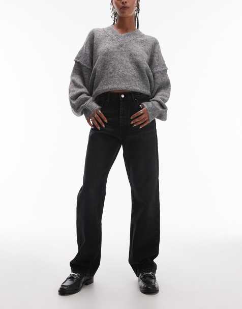 Topshop - Kort - Sorte forvaskede højtaljede lige jeans - view 1