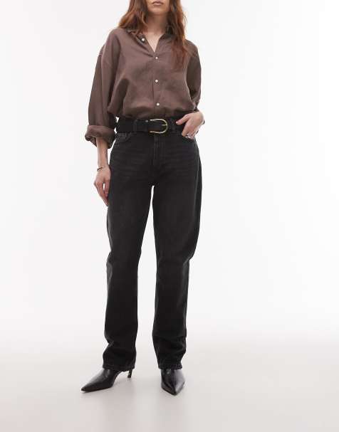 Topshop - Kort - Sorte forvaskede højtaljede lige jeans - view 1
