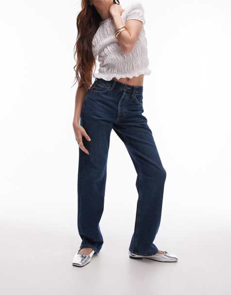 Topshop – Kort – Straight Jeans in getöntem Dunkelblau mit hohem Bund - view 1