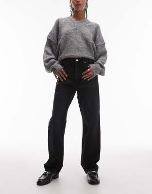 Topshop - Kort - Straight Jeans in verwaschenem Schwarz mit hohem Bund