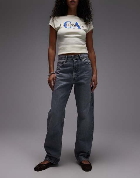 Topshop high rise straight Kort jeans in grey 