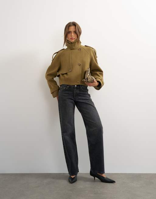 Topshop kort trenchcoat i ullmix i khaki, 3 av 4