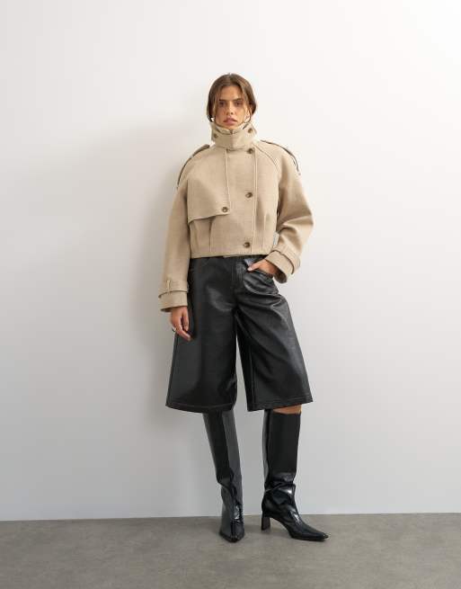 Topshop kort trenchcoat i ullmix i stone, 3 av 4