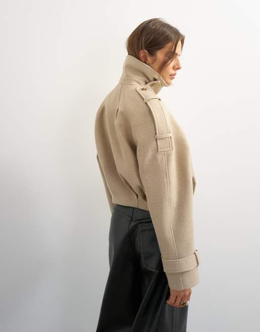 Topshop kort trenchcoat i ullmix i stone, 4 av 4